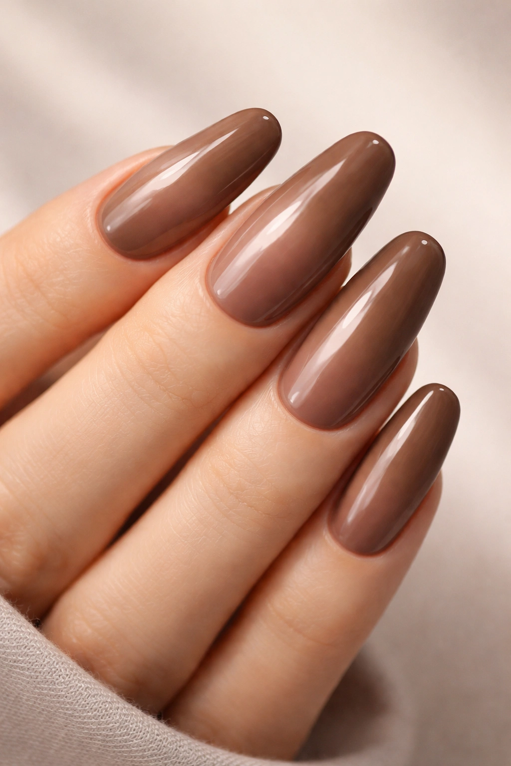 Mocha nails with a sheer gradient overlay for depth
