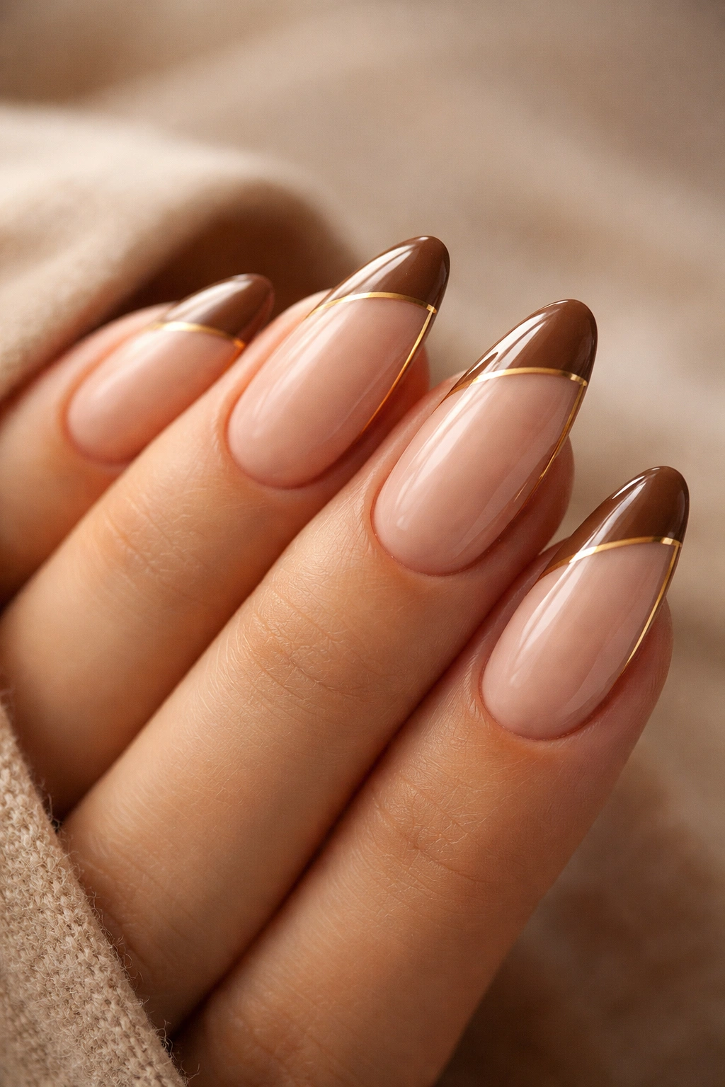 Almond nails with diagonal mocha side French on nude base