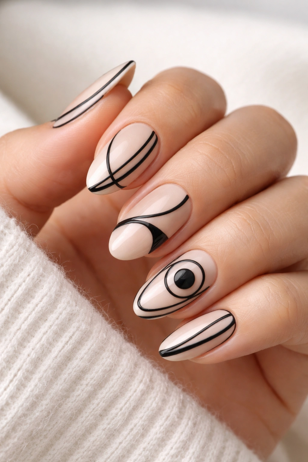 Close-up of mod black line nail art on sheer beige base