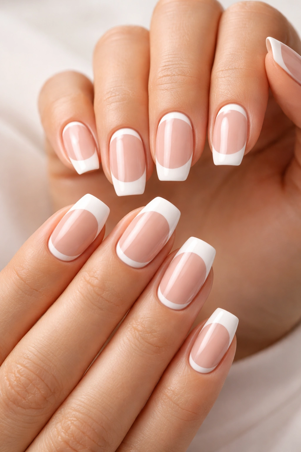 Hands with modern French manicure variations showing white tips and reverse French.