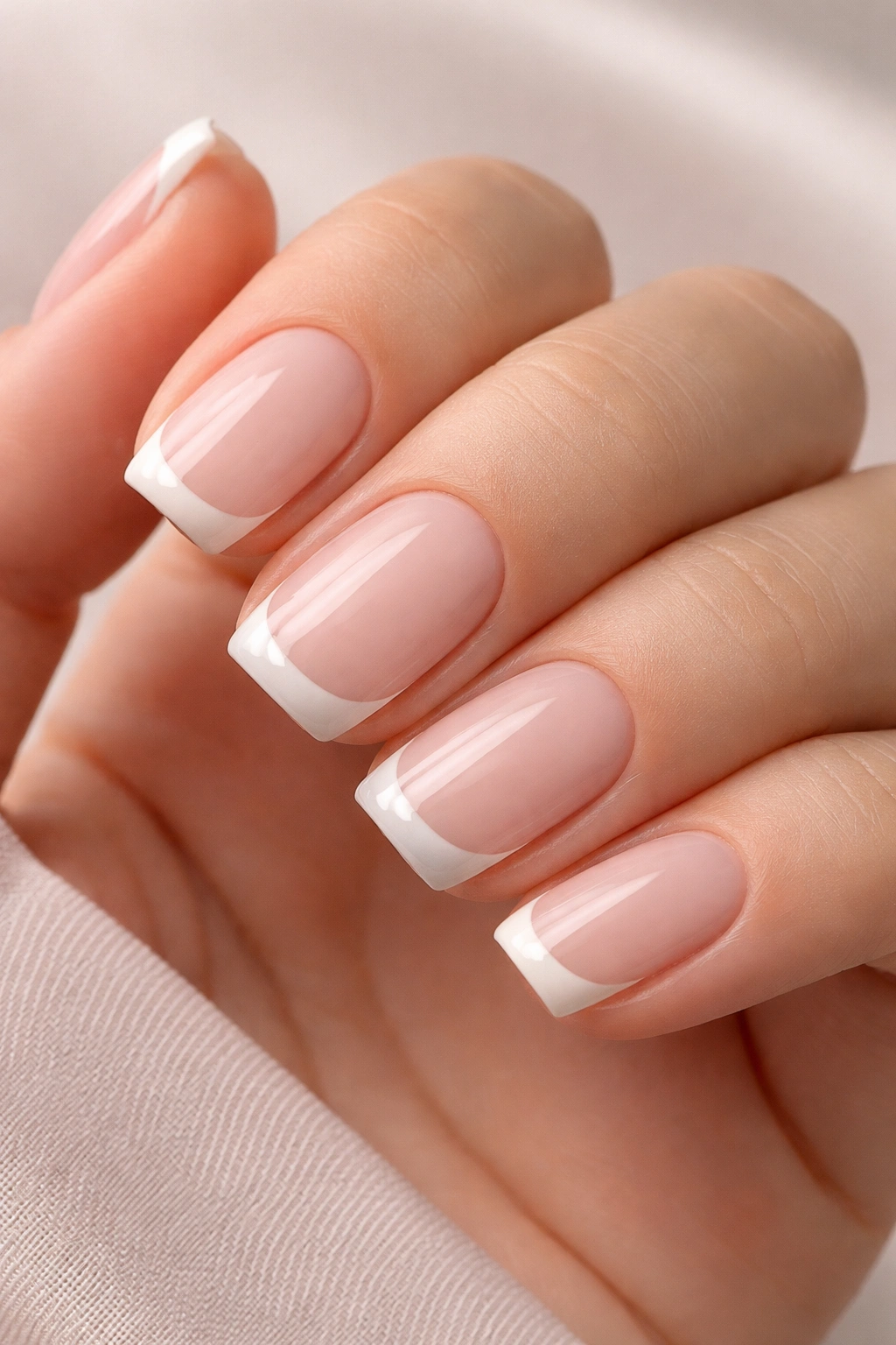 Close-up of short squoval nails with modern French tips in warm cream and nude base