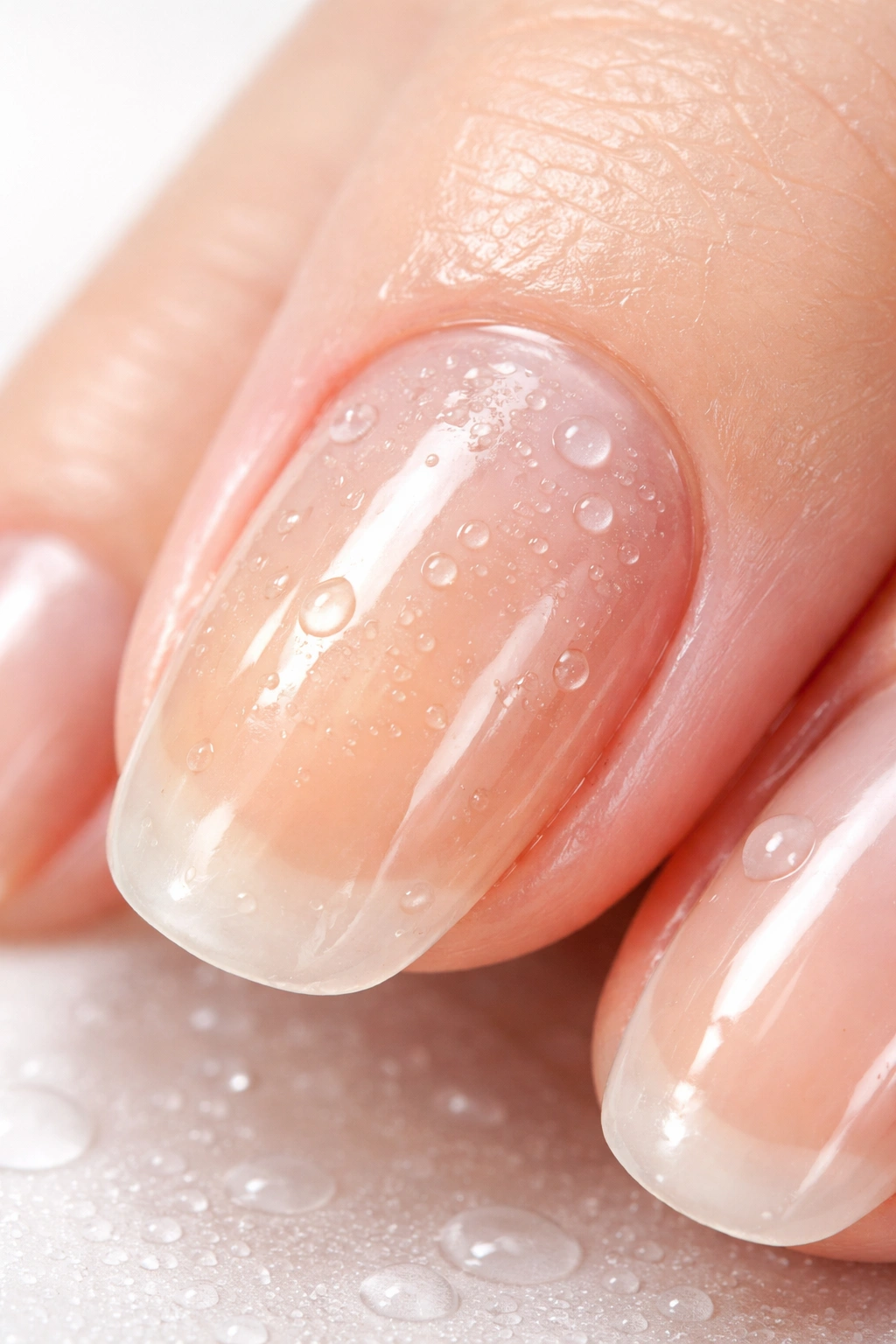 Close-up of a nail with a light oil sheen illustrating moisture affecting gel adhesion