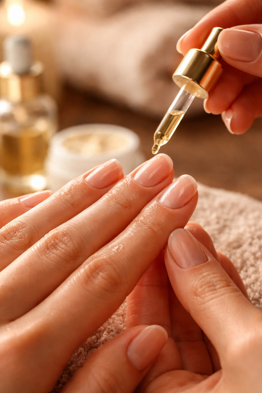 Close-up of nails being moisturized with cuticle oil after removal