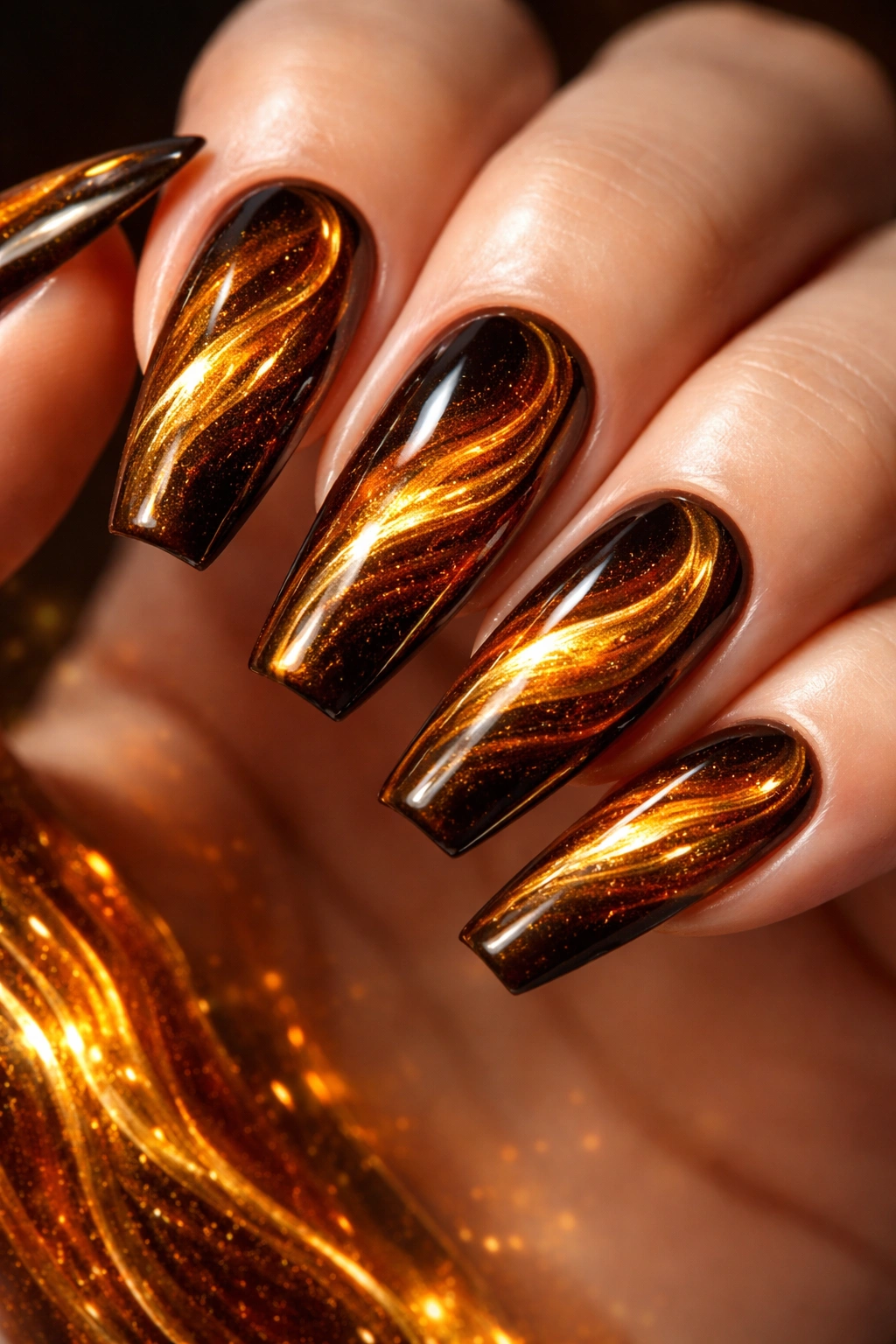 Close-up of nails with molten amber flames and cat eye shimmer on a dark base