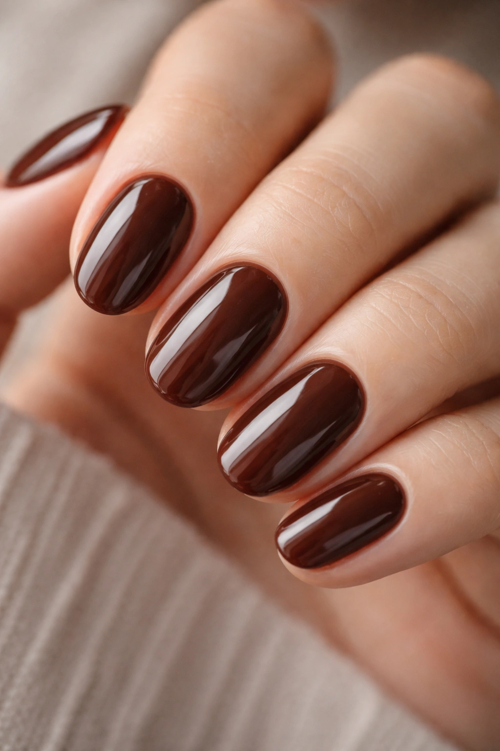 Close-up of short oval nails in molten mocha brown