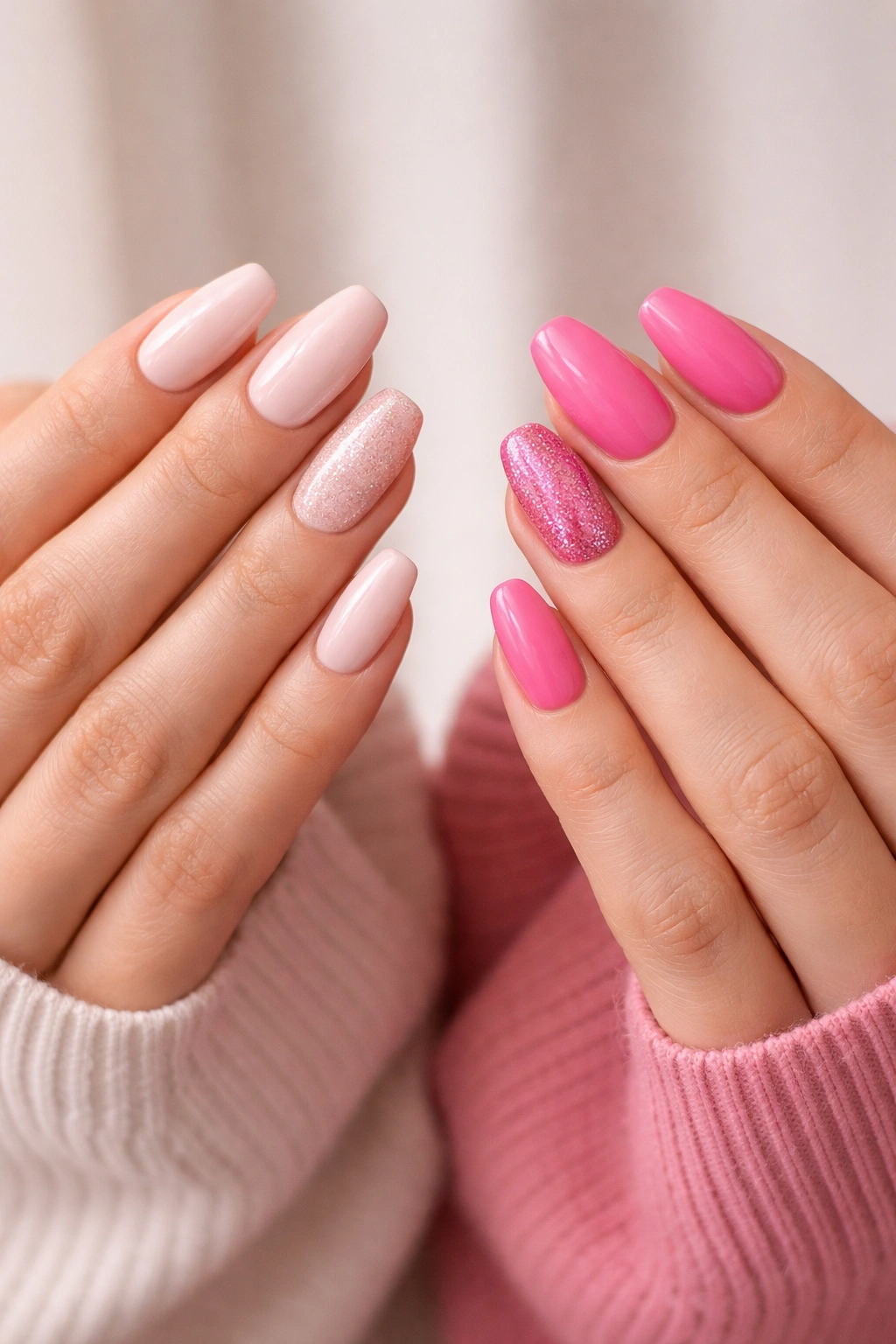 Two hands with pink monochrome nails in light and hot shades