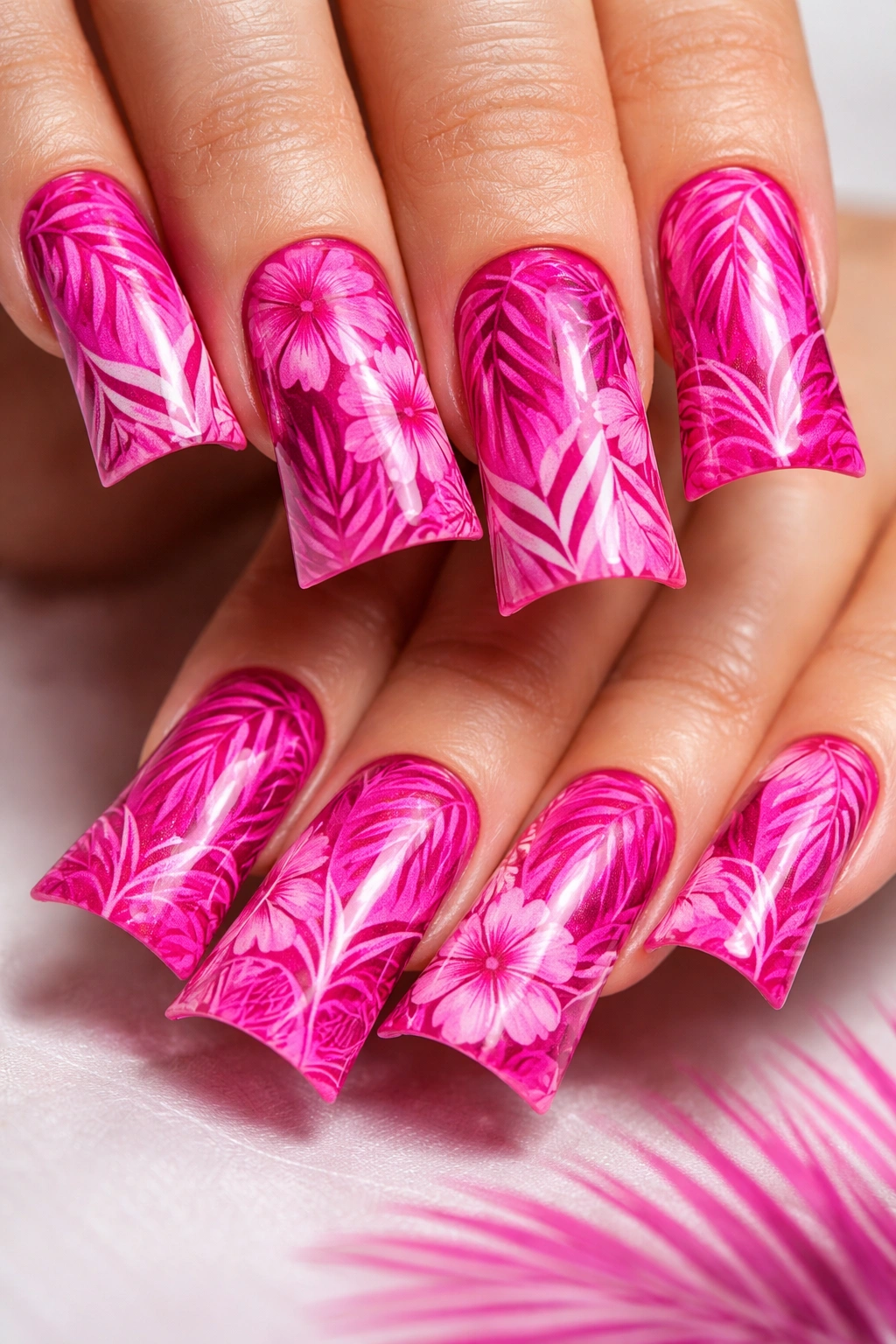 Duck nails with monochrome tropical patterns