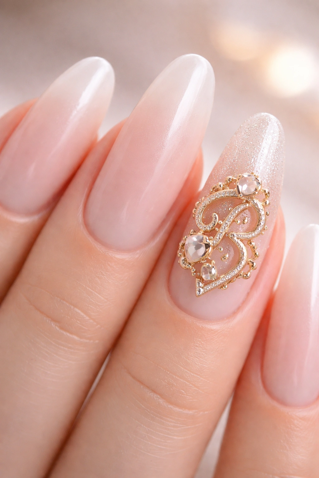 Close-up of acrylic nails with abstract initial-inspired charms on the accent nail