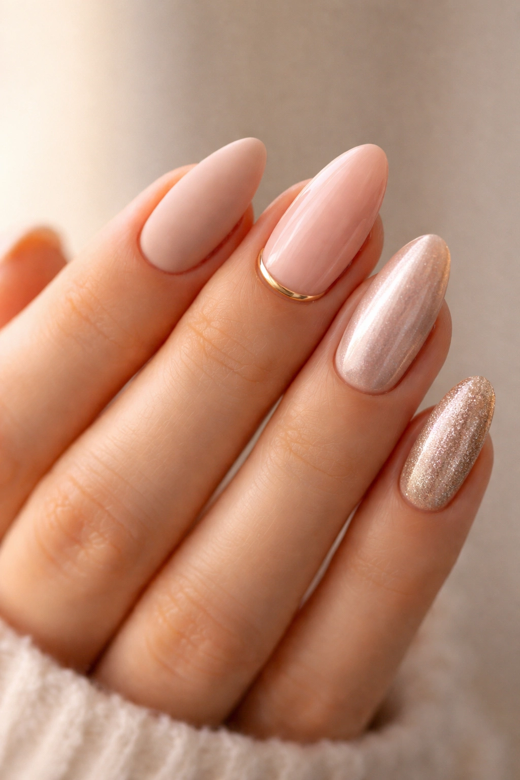 Close-up of almond nails with different finishes to illustrate monogram style moods without letters