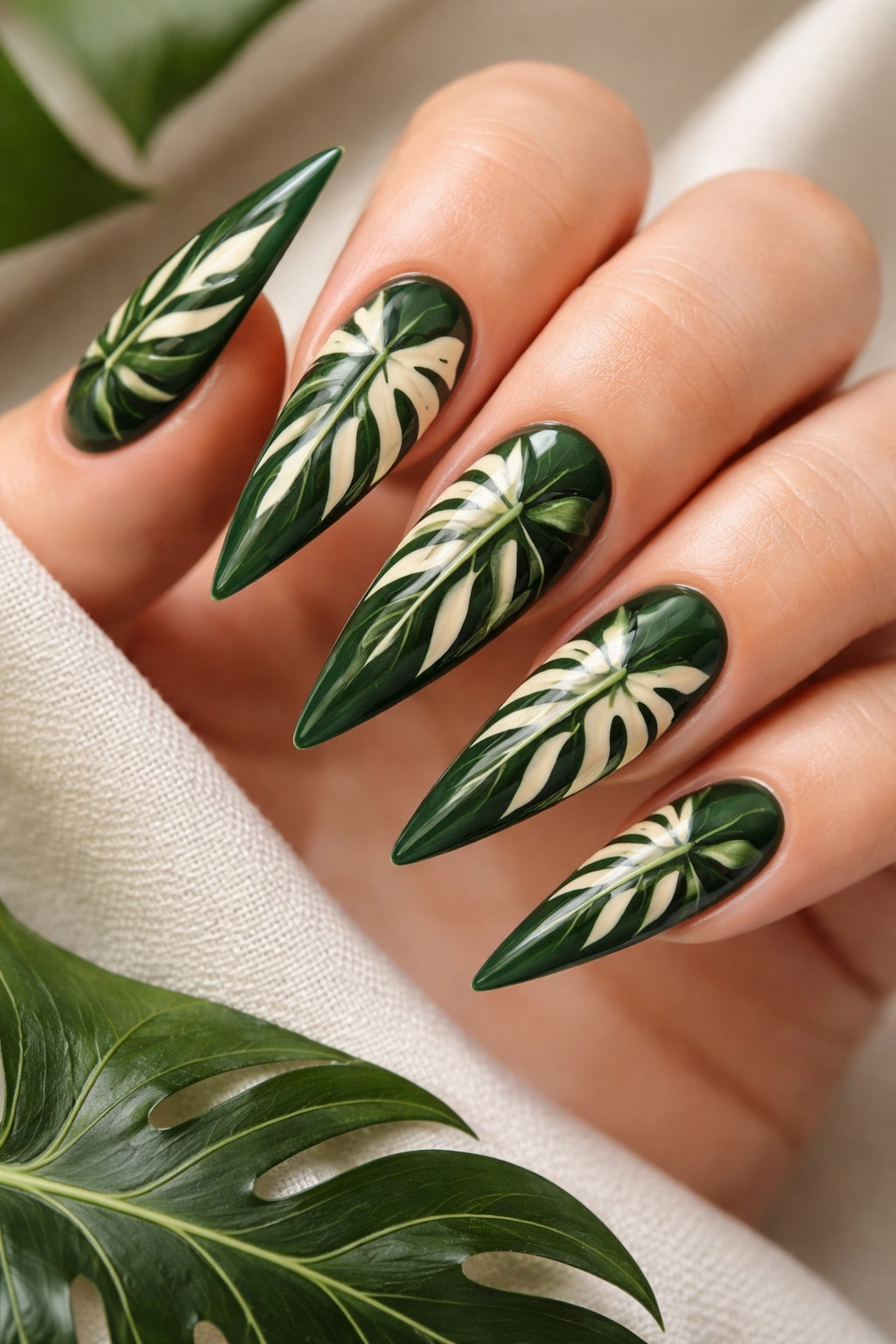 Stiletto nails with monstera leaf fenestrations in white on dark green