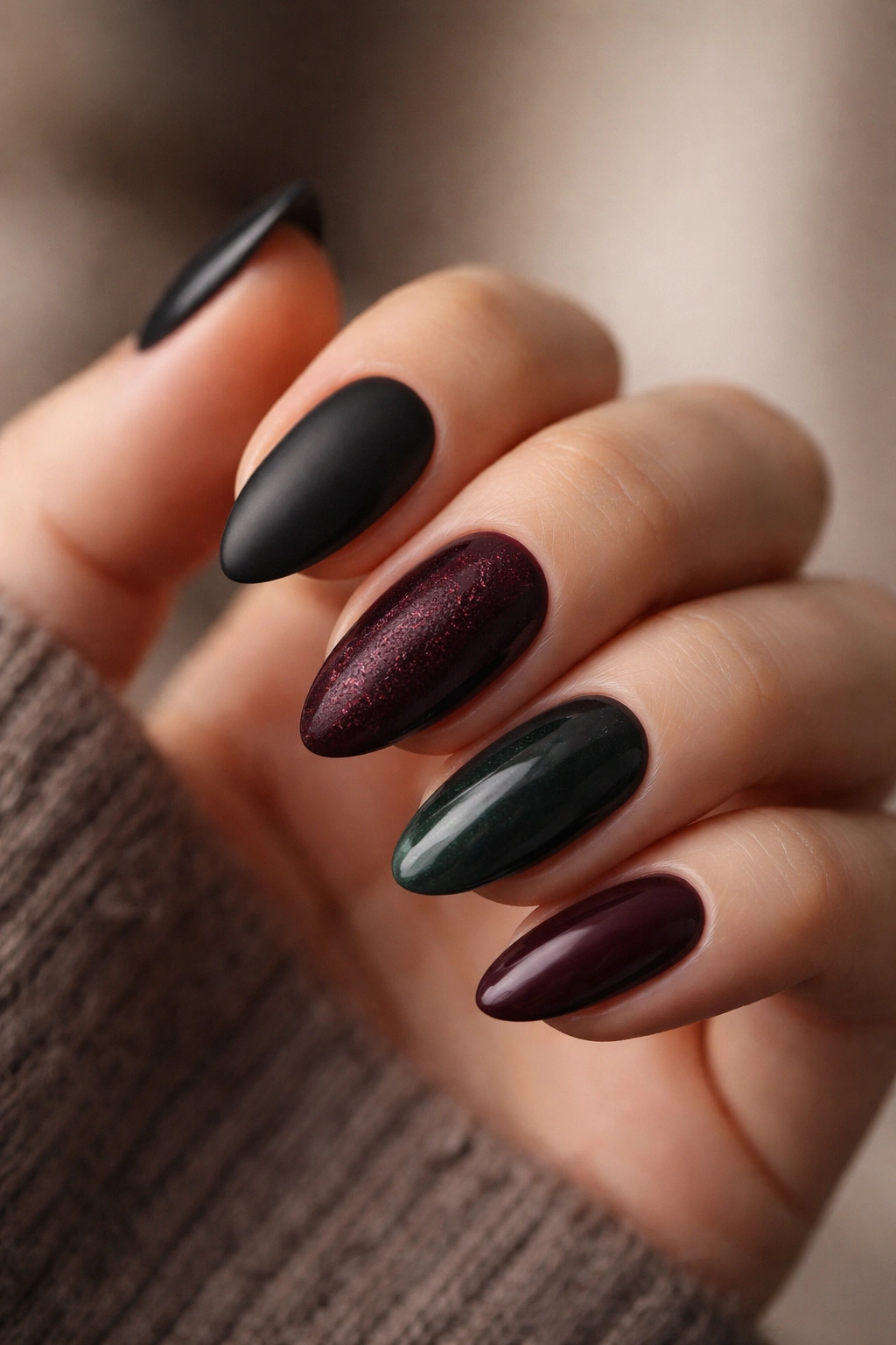 Close-up of dark almond nails with matte and velvet finishes on a hand