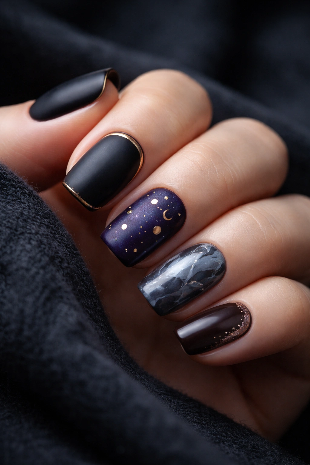 Nails with multiple moody finishes on a hand against a dark background