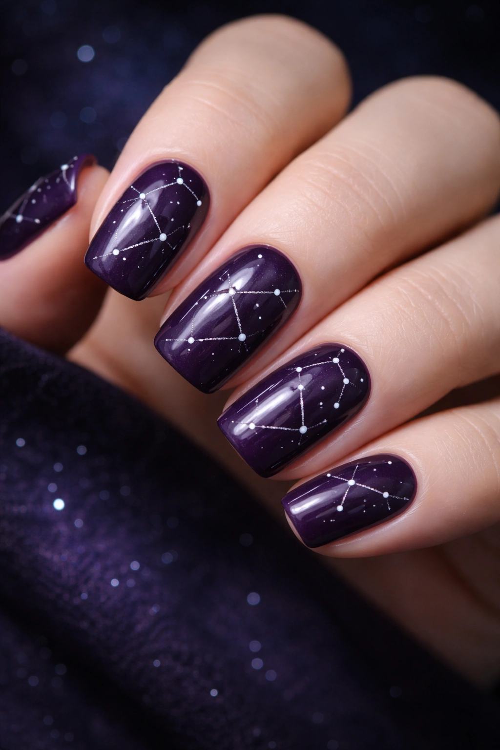Moody purple nails with constellation nail art