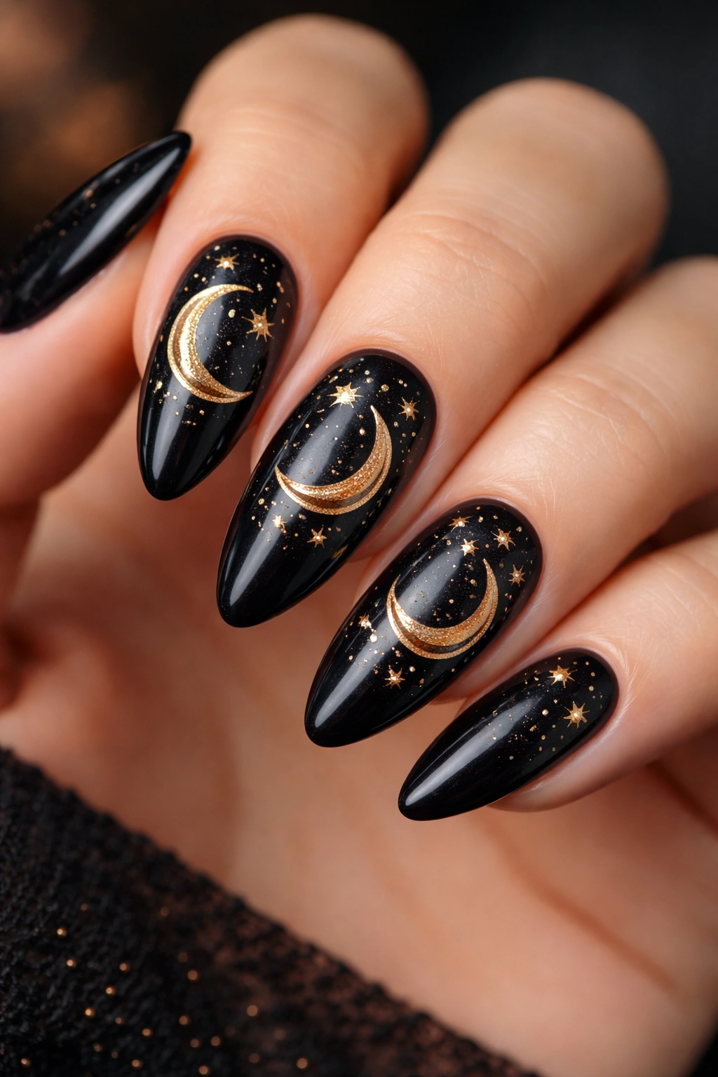 Almond nails with gold crescent moons and scattered stars on a dark base.