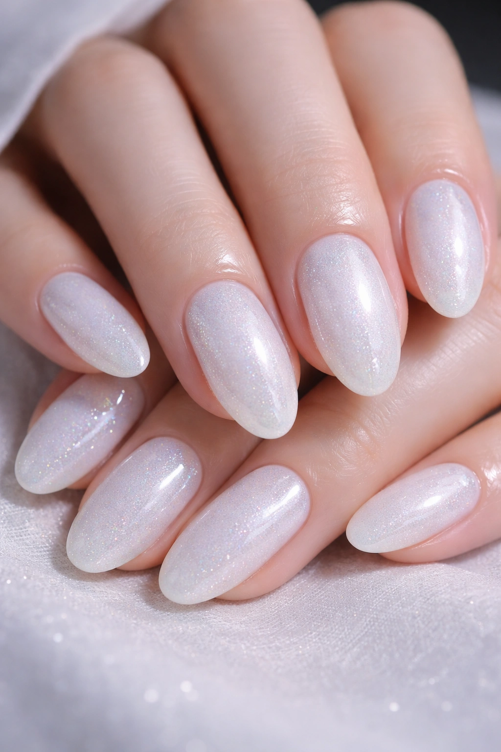 Milky white nails with silver iridescent shimmer like moonlight