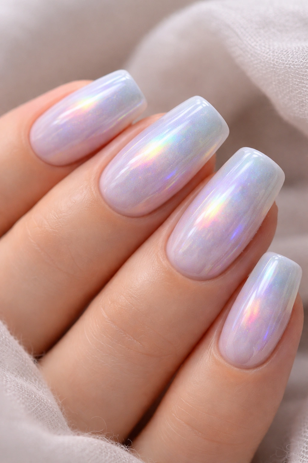 Moonstone-inspired nails with milky base and iridescent glow