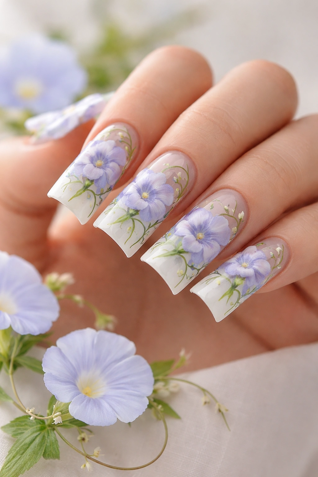 Duck nails with morning glory flowers and delicate vines on curved nails