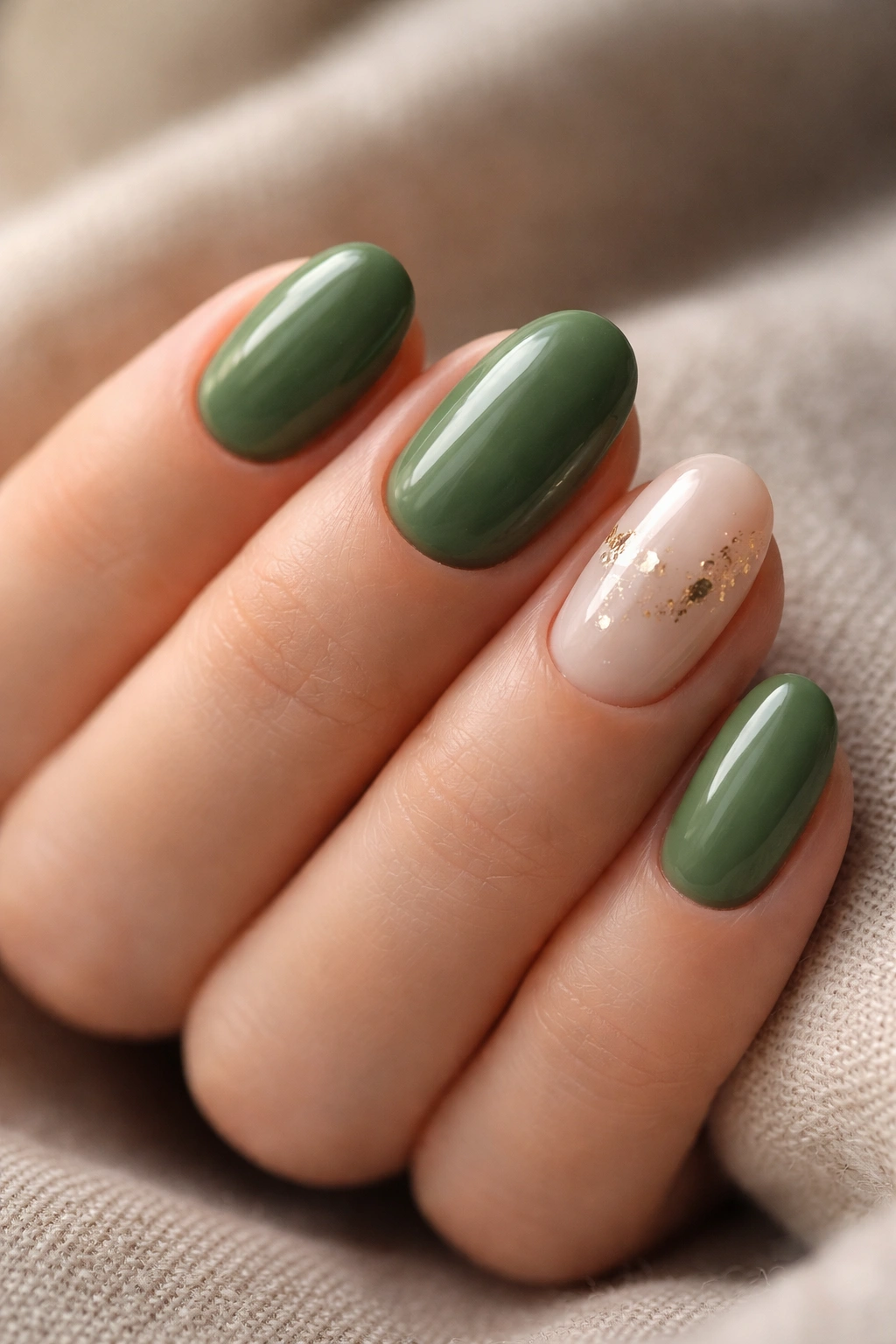 Close-up of moss green nails with a single accent nail featuring gold foil