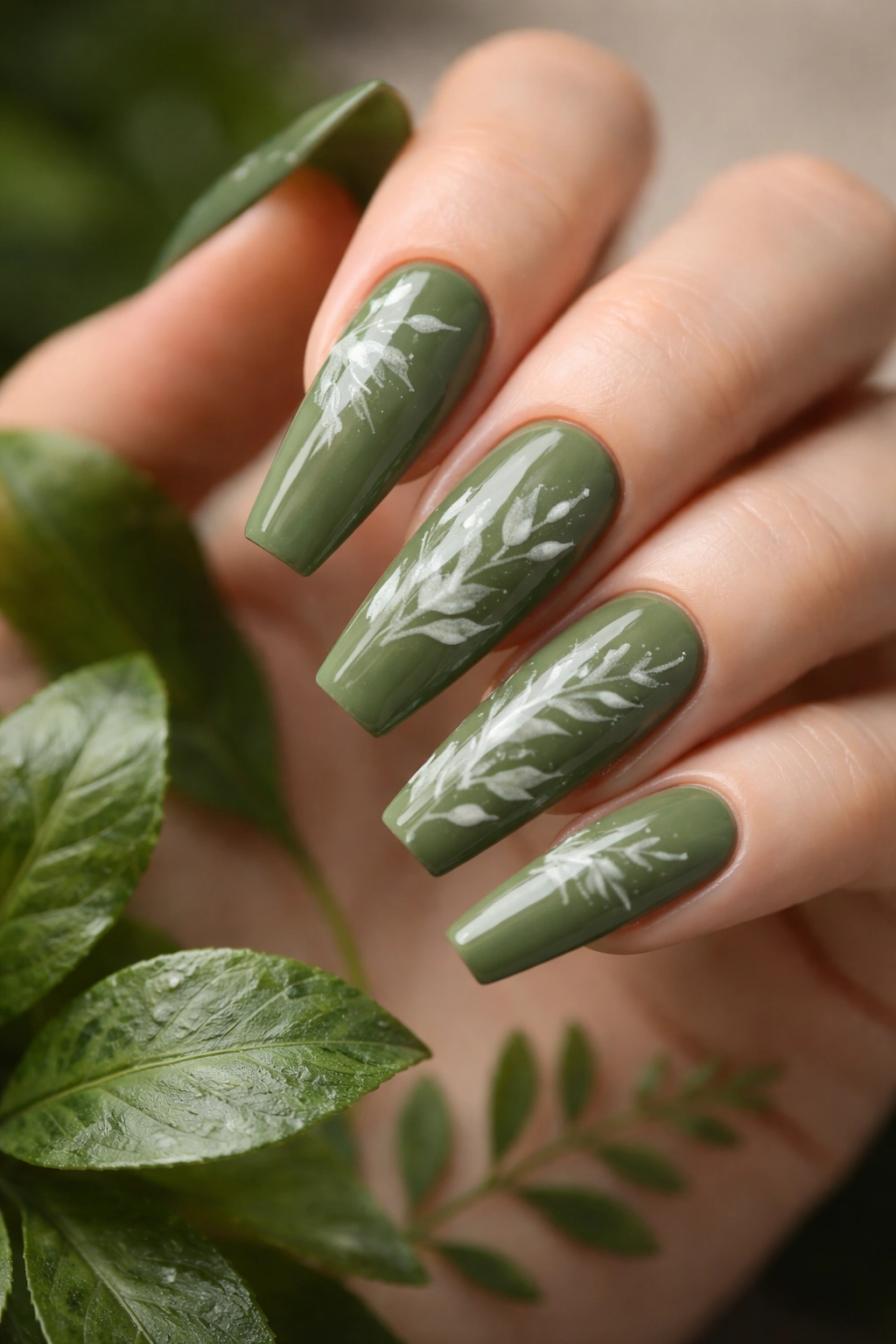 Moss green coffin nails with white botanical art.