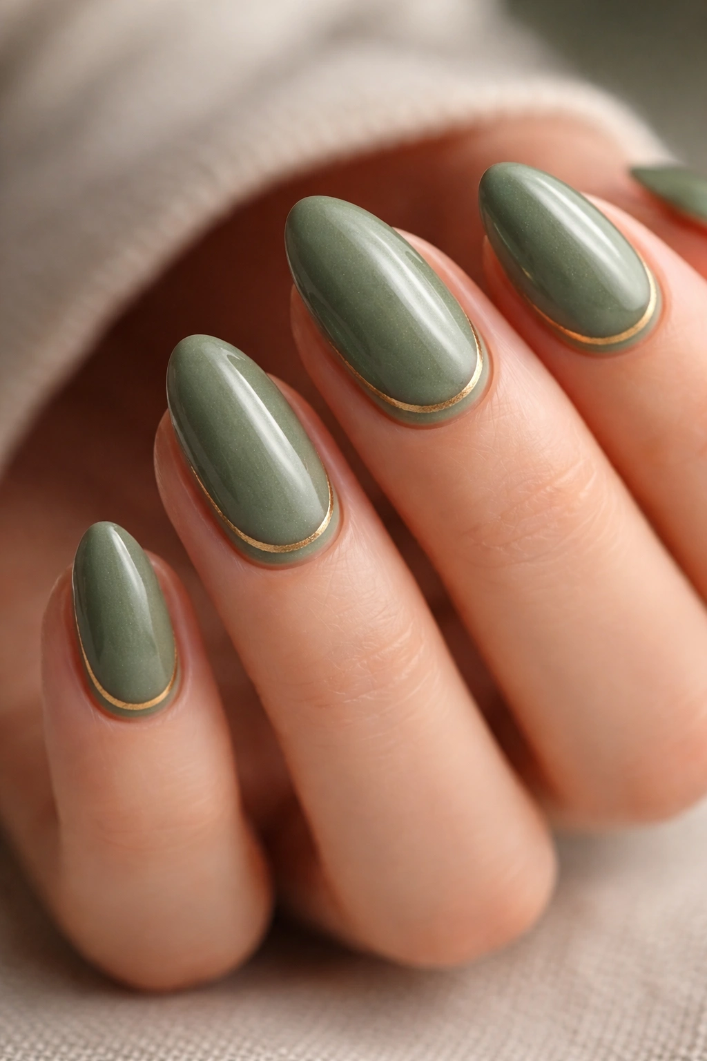 Close-up of moss green almond nails with a thin gold line near the cuticle
