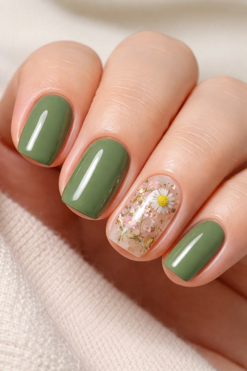 Moss green nails with a pressed flower accent on one short squoval nail