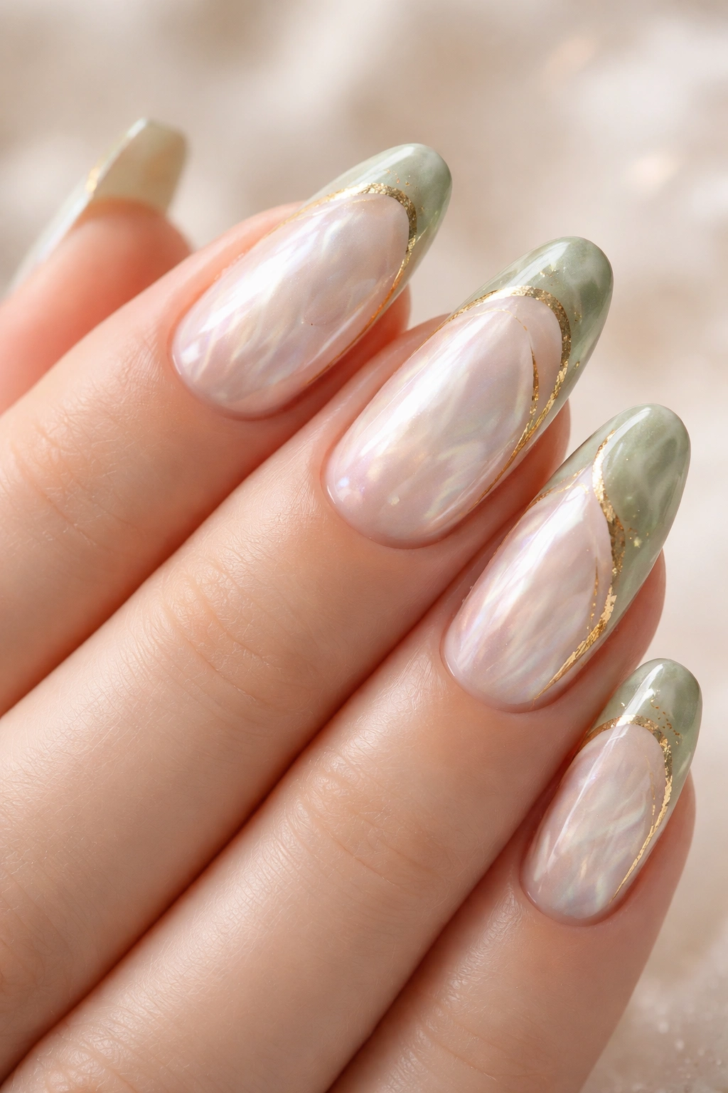 Iridescent mother-of-pearl nails with soft green and gold accents