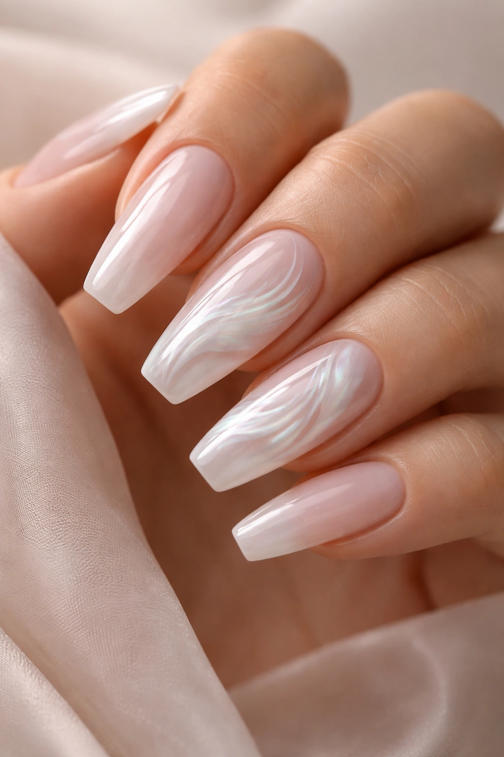 Close-up of mother-of-pearl shell swirl ballerina nails on a translucent base