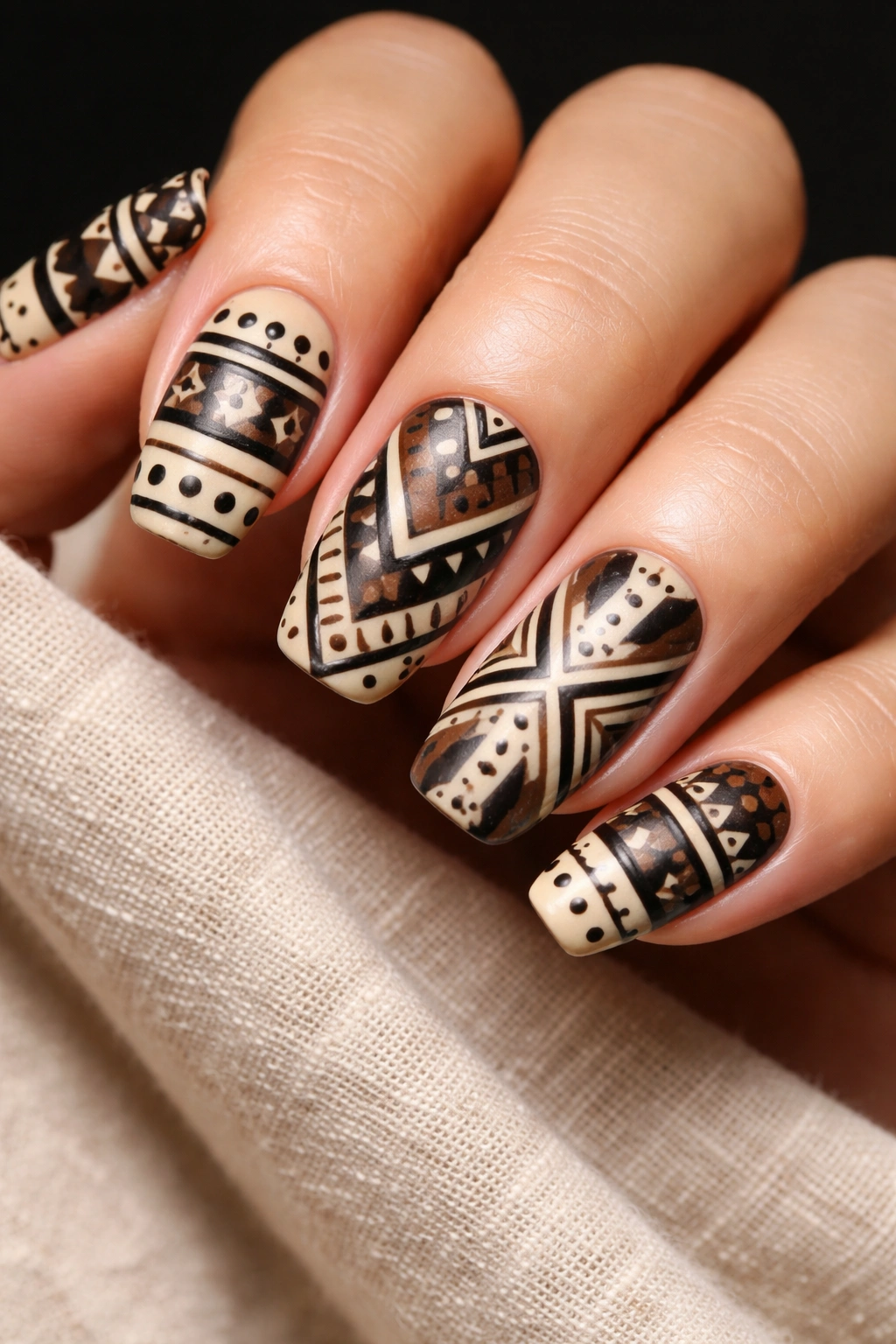 Nails with black, brown, and cream Mudcloth-inspired geometric patterns.