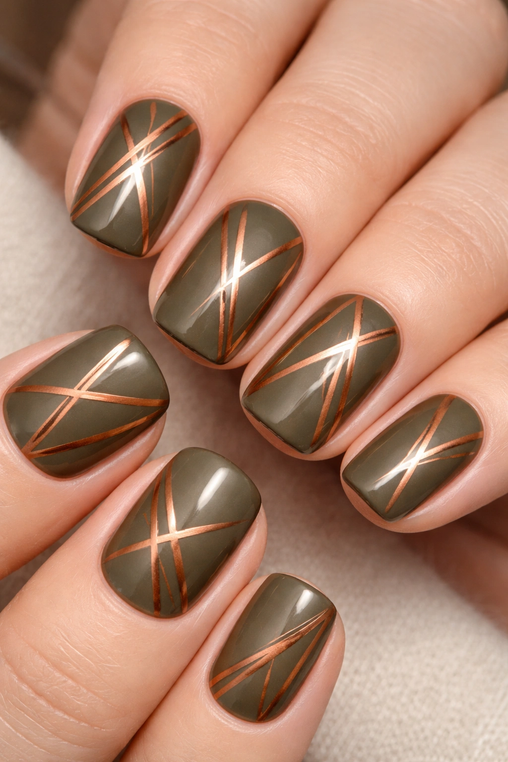 Olive nails with copper geometric patterns on squoval nails