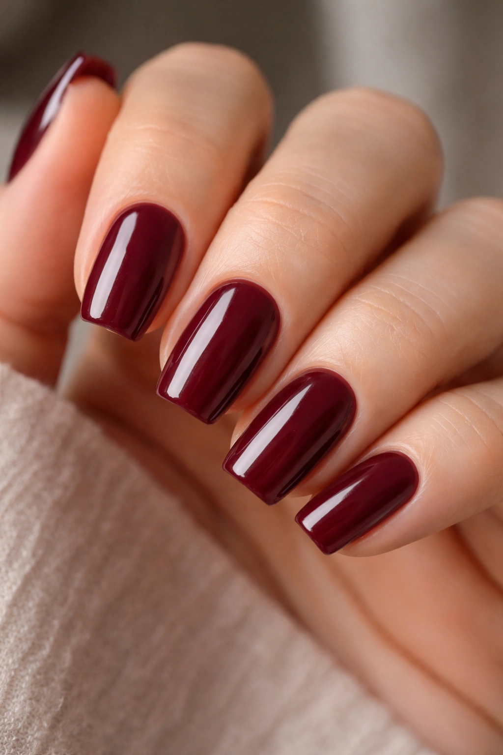 Short burgundy ballerina nails with mulled wine shade