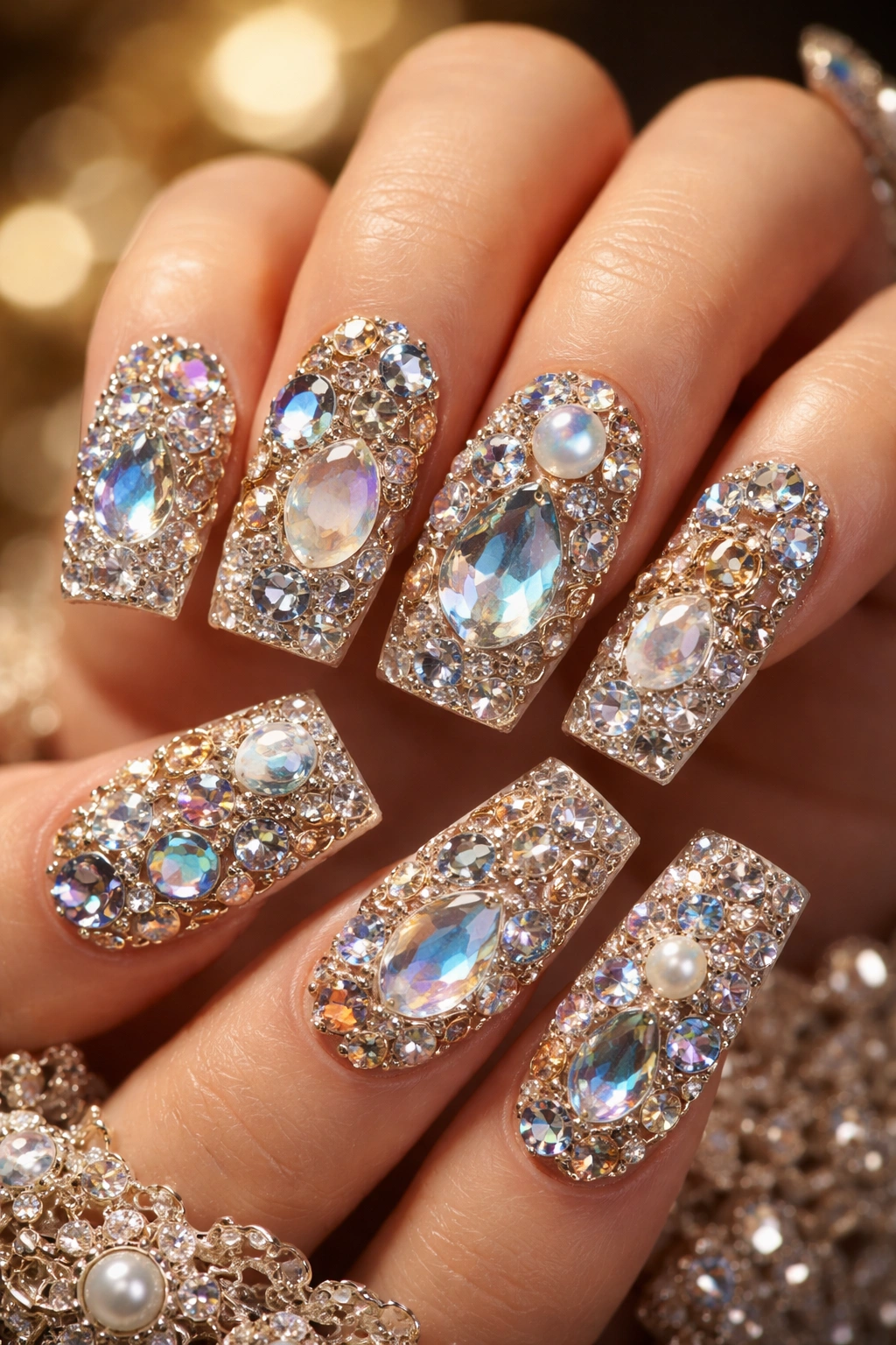 Nails adorned with an array of gems resembling jewelry on fingertips.