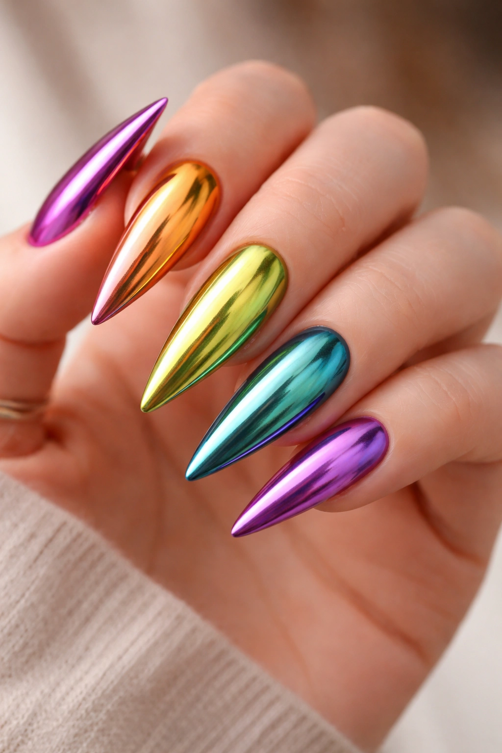 Close-up of multichromatic chrome stiletto nails with different colors on a neutral background