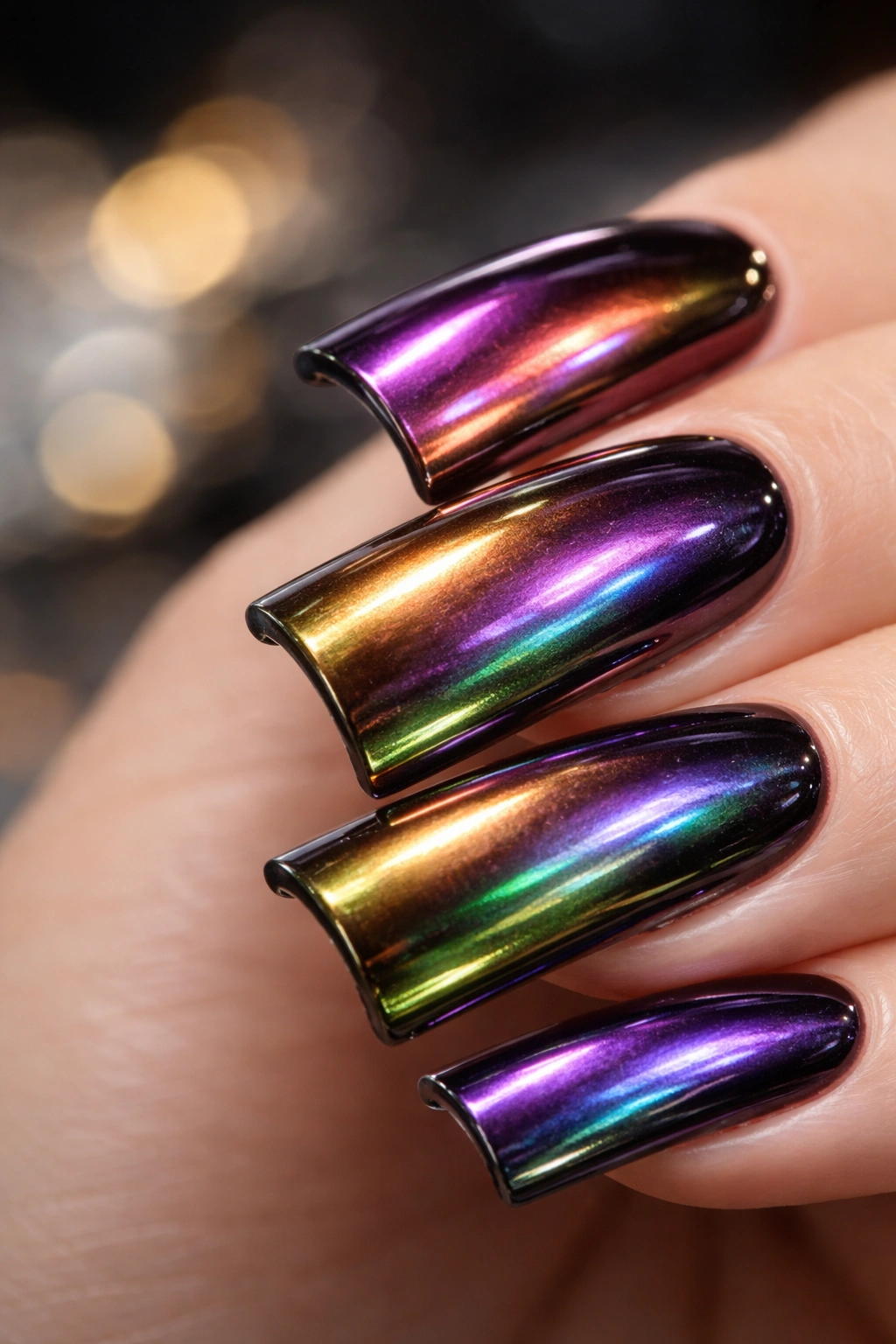 Close-up of multichrome ducknail color shift from purple to green