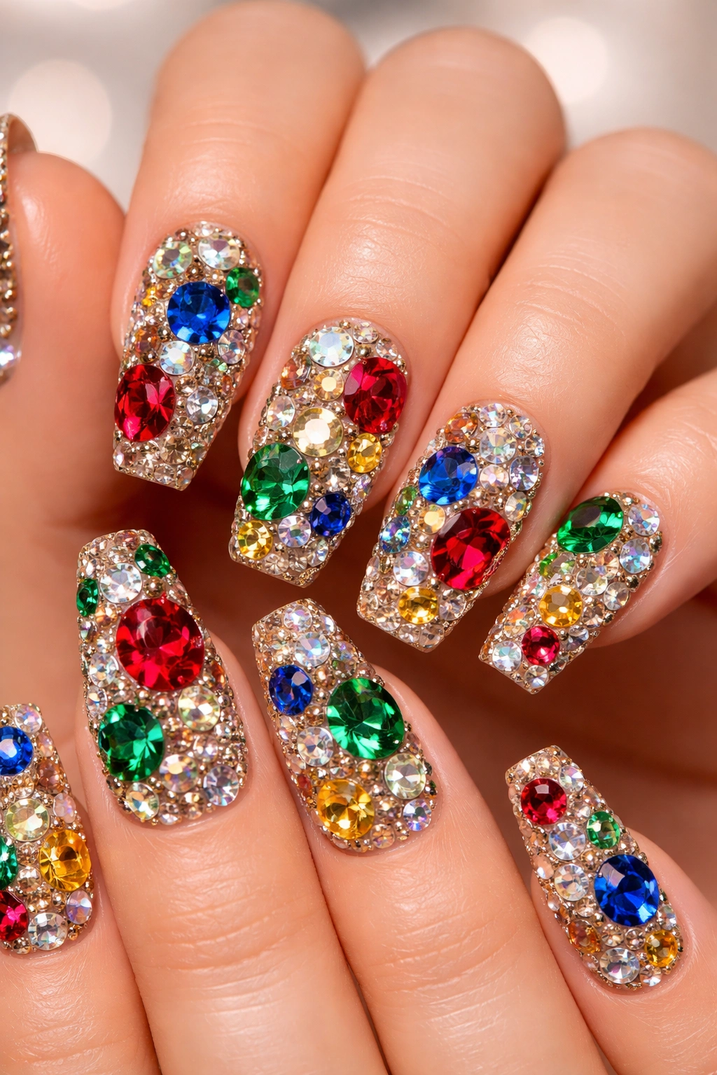 Close-up of nails with multicolor gem manicure featuring mixed-size rhinestones in jewel tones