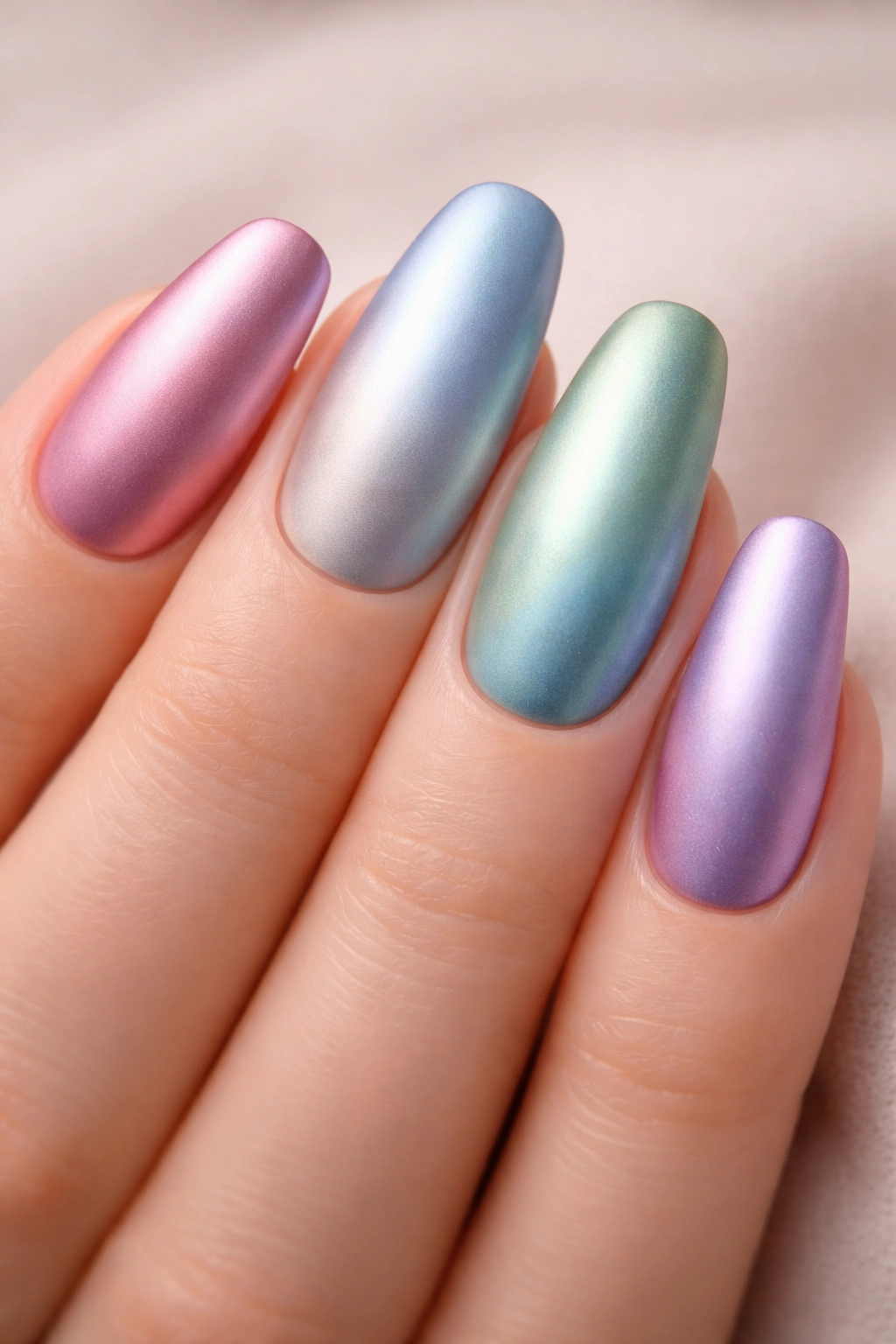 Close-up of multicolor matte chrome nails with a satin finish