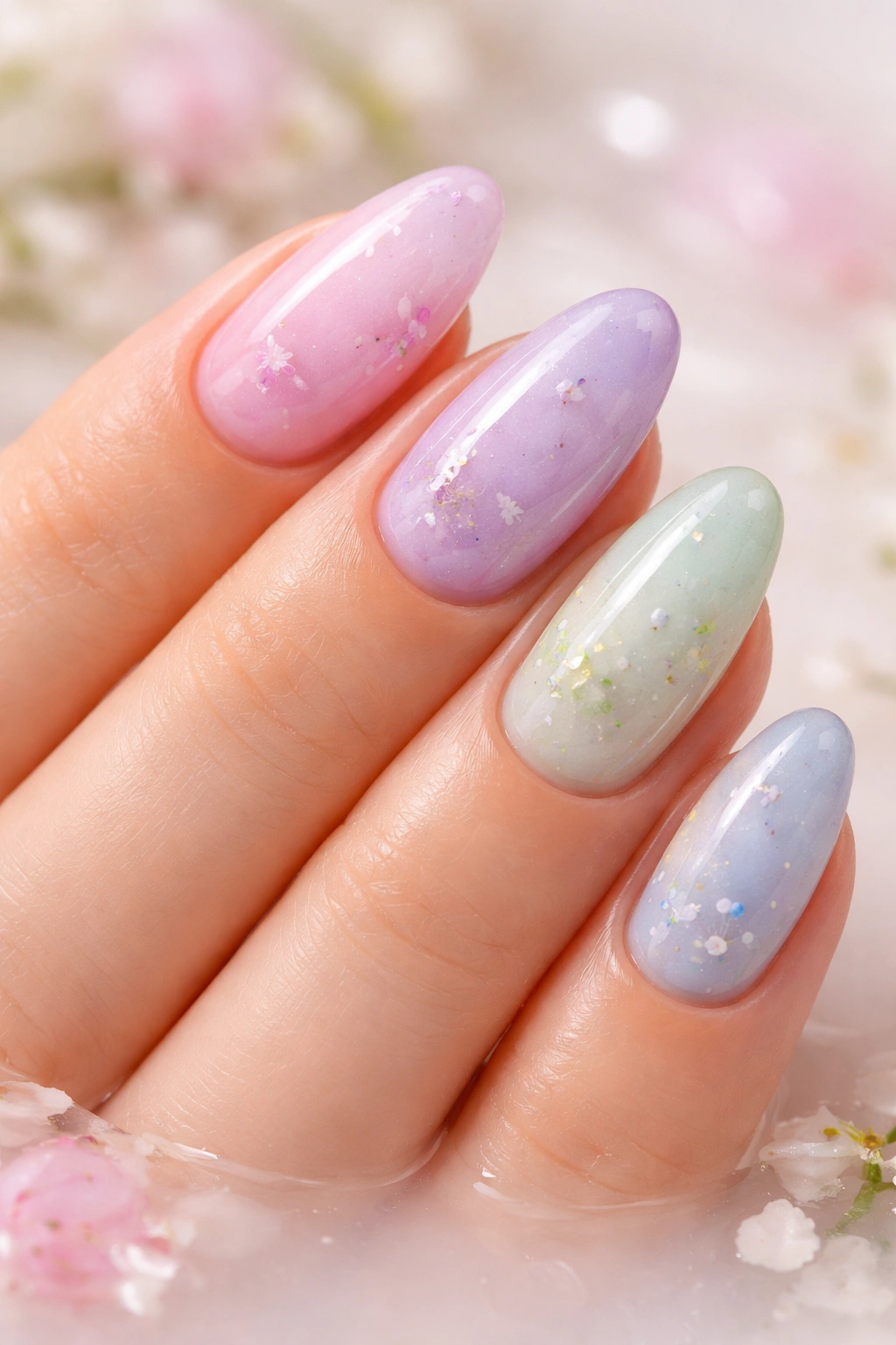 Close-up of pastel milky nails on a hand