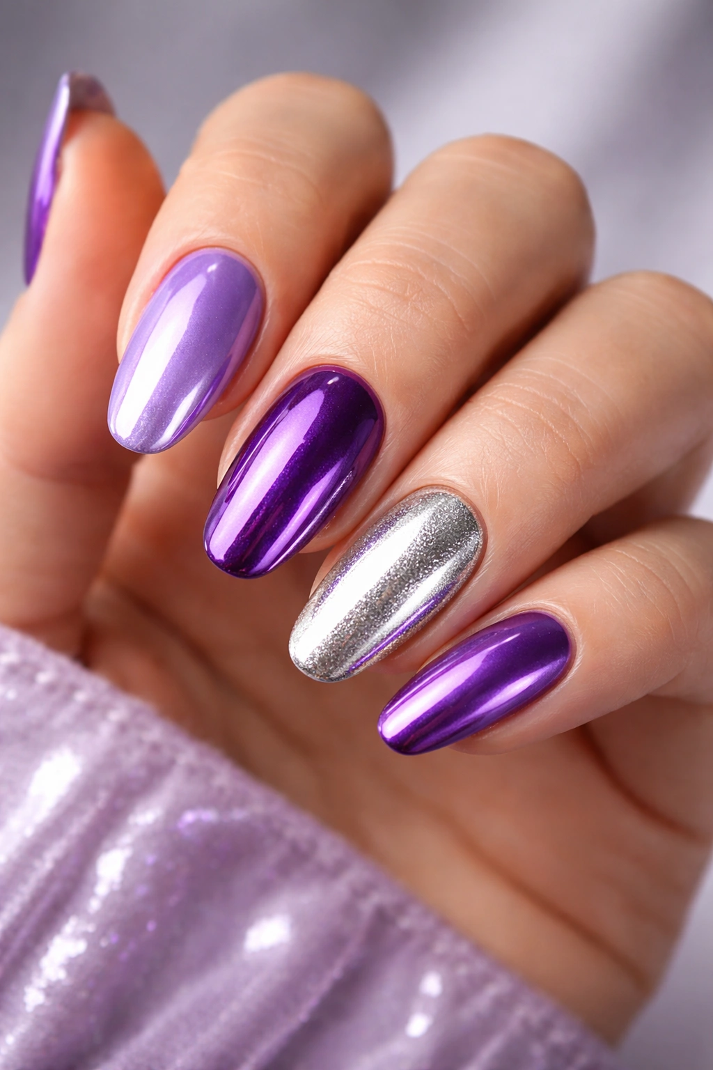 Nails in multiple purple tones with chrome finish across hand