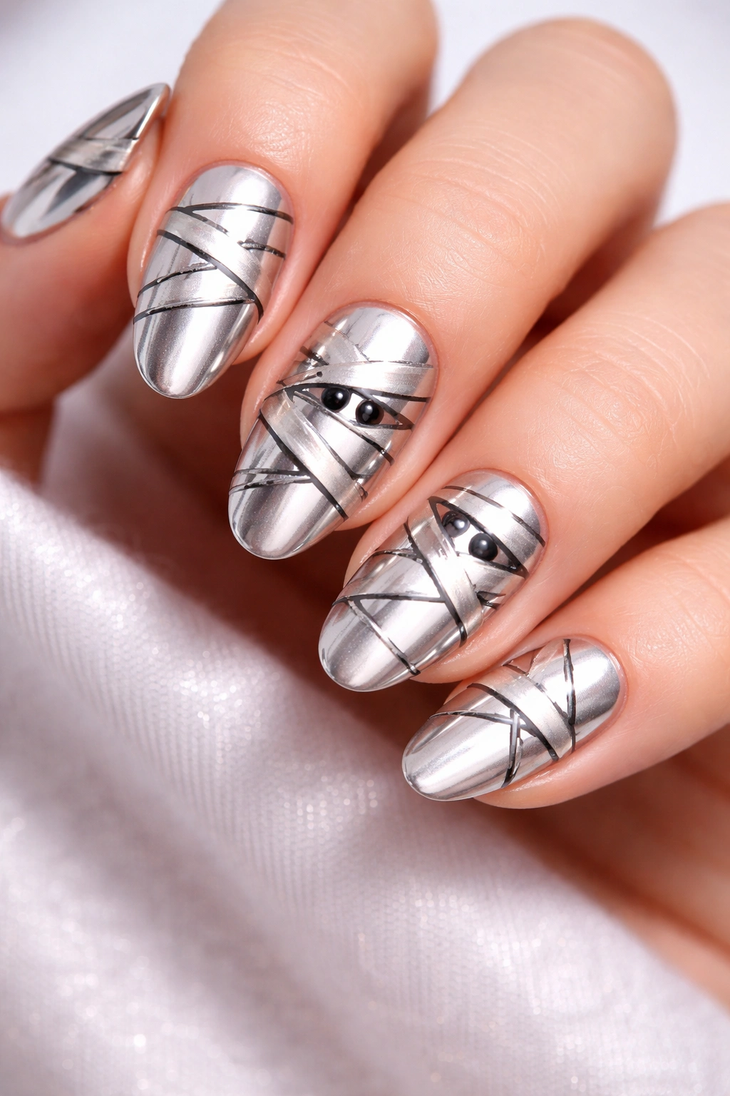 Close-up of mummy-wrapped chrome nails with bandage lines and eye accents on a neutral studio background