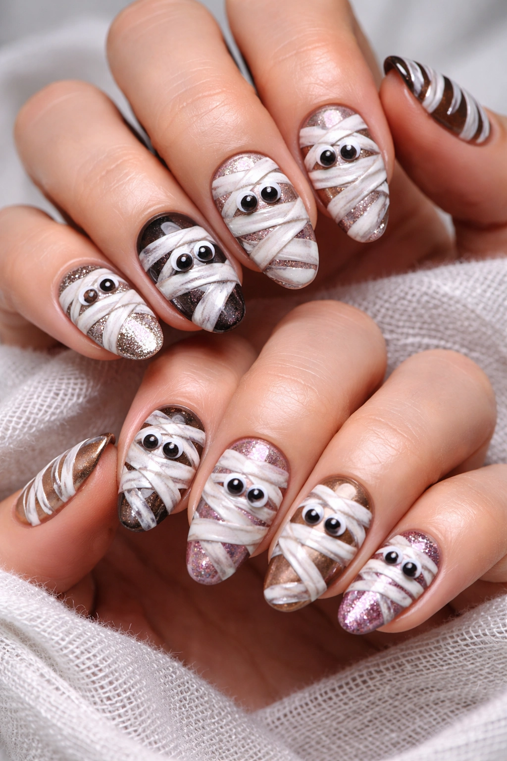 Two hands with mummy-wrapping nails featuring white bandages and googly eyes.