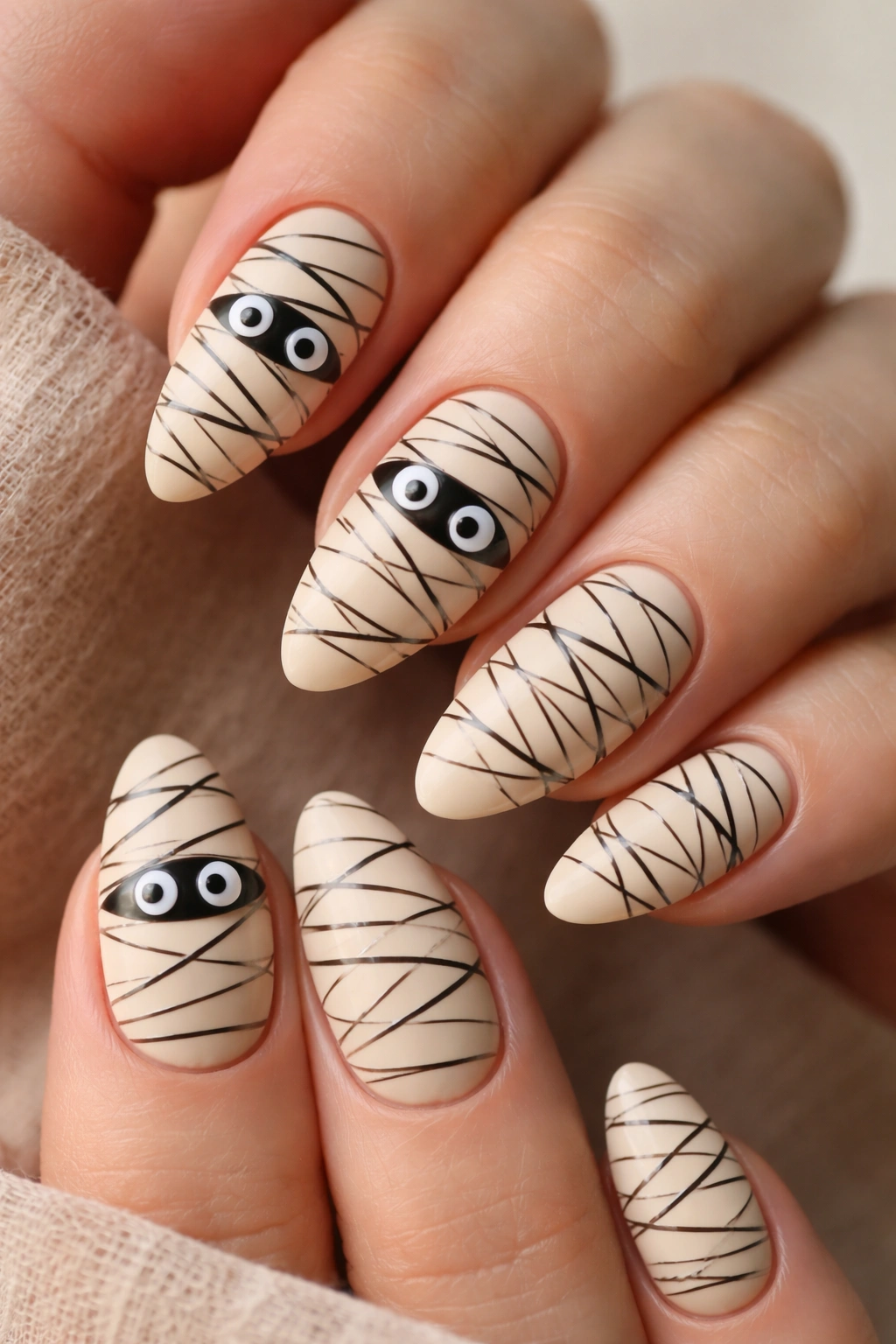Beige almond nails wrapped like mummies with googly eyes on accent nails