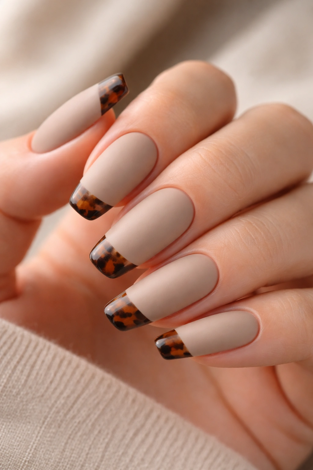 Close-up of mushroom beige nails with smoky tortoise tips