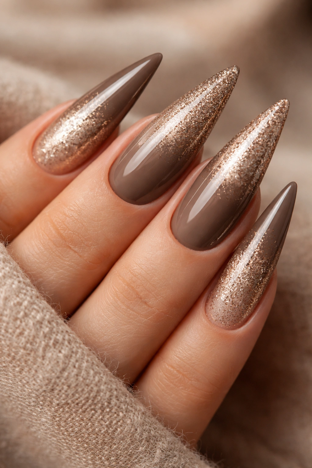 Mushroom brown nails with champagne gradient close-up