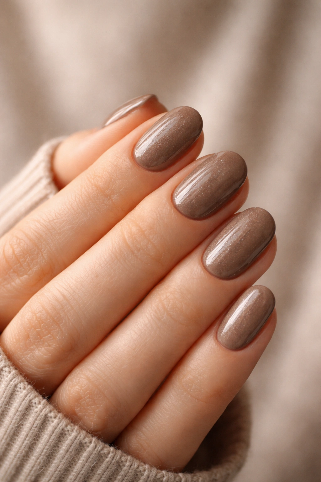 Close-up of short oval nails in mushroom brown with a subtle shimmering effect
