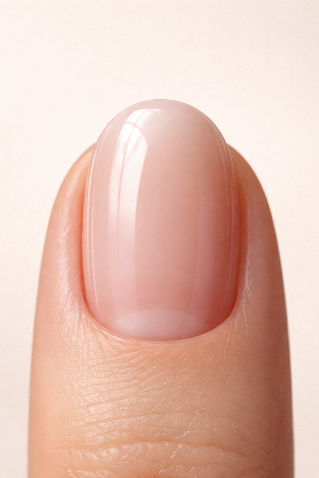 Close-up of a mushroom-shaped fingernail with a domed center and wider edge.