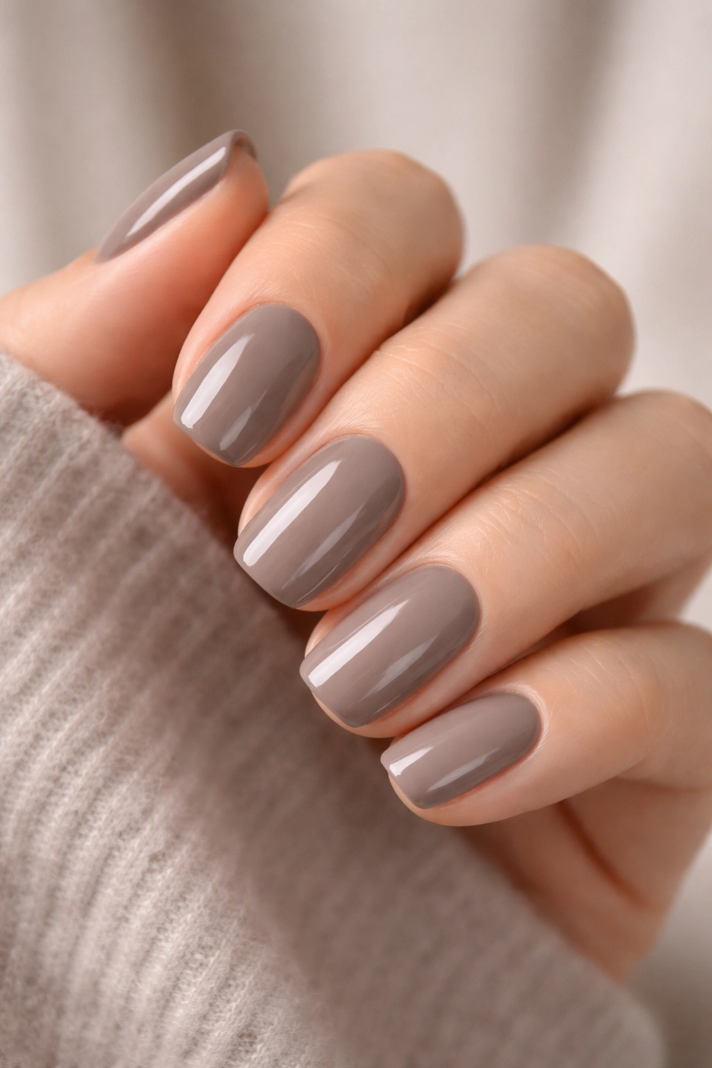 Close-up of nails painted in mushroom shade on a neutral background