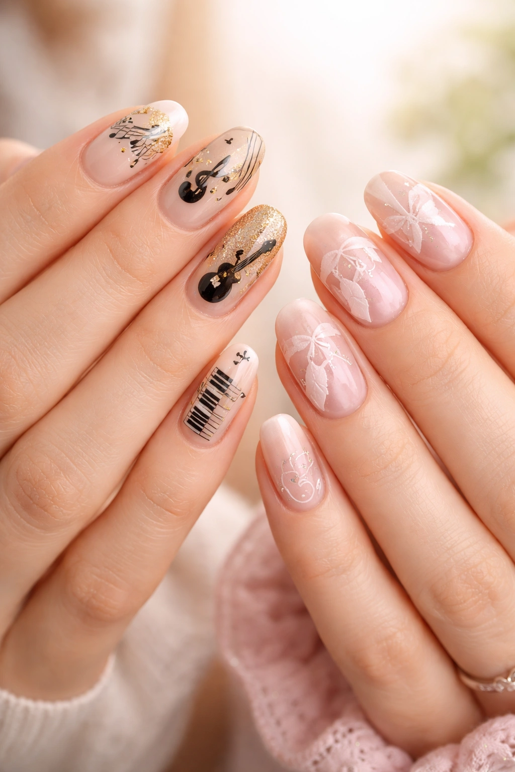 Two hands with music and dance themed nails, notes and ballet shoes