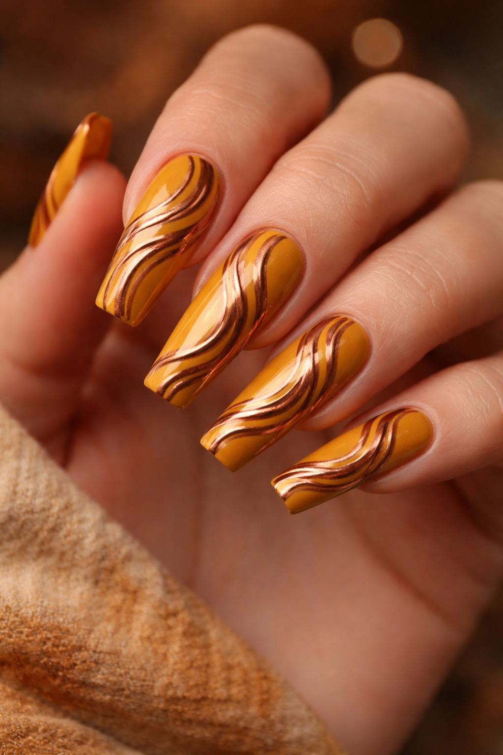 Mustard yellow coffin nails with copper swirl designs