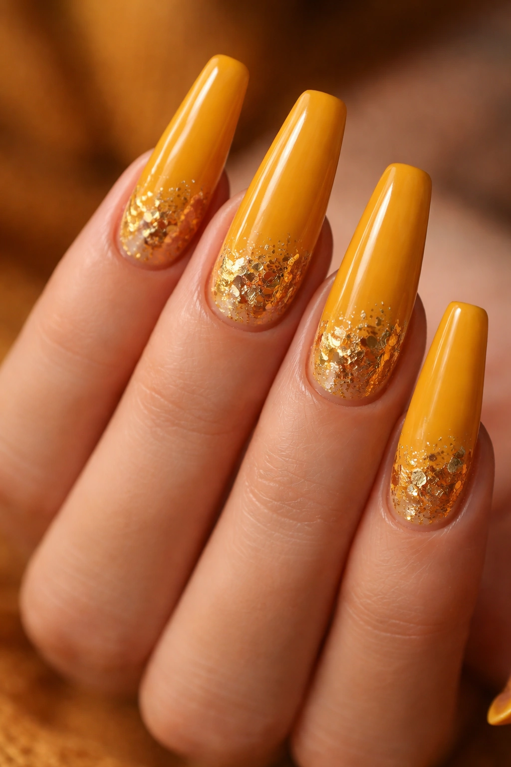 Mustard yellow nails with gold foil near the cuticle