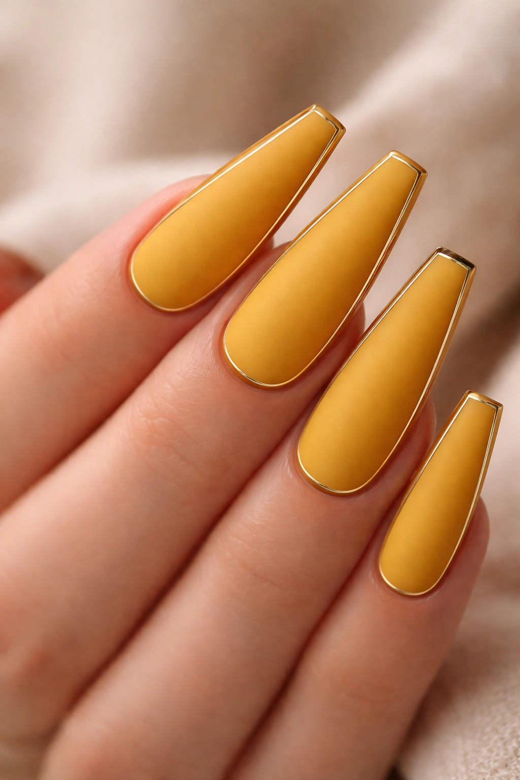 Close-up of mustard yellow matte coffin nails with a gold outline along the edges