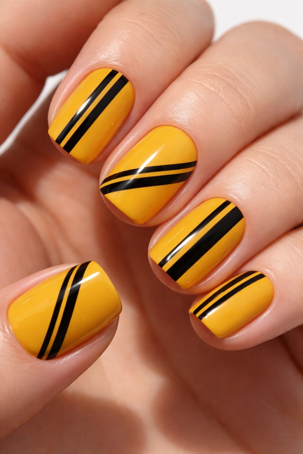 Close-up of short squoval nails with mustard yellow and black stripes